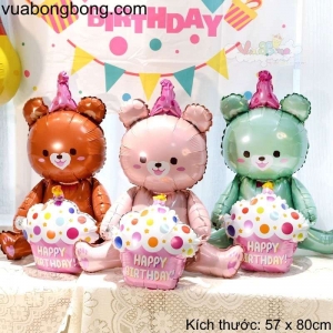 Bong bóng gấu ôm bánh kem Happy Birthday 3D